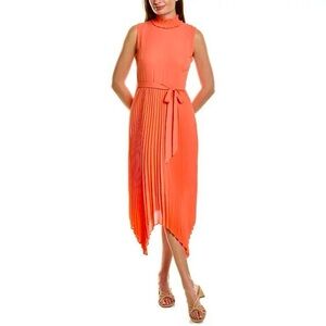 NANETTE LEPORE Belted Accordion Pleated Vivid Coral Midi Dress Size 8 Medium